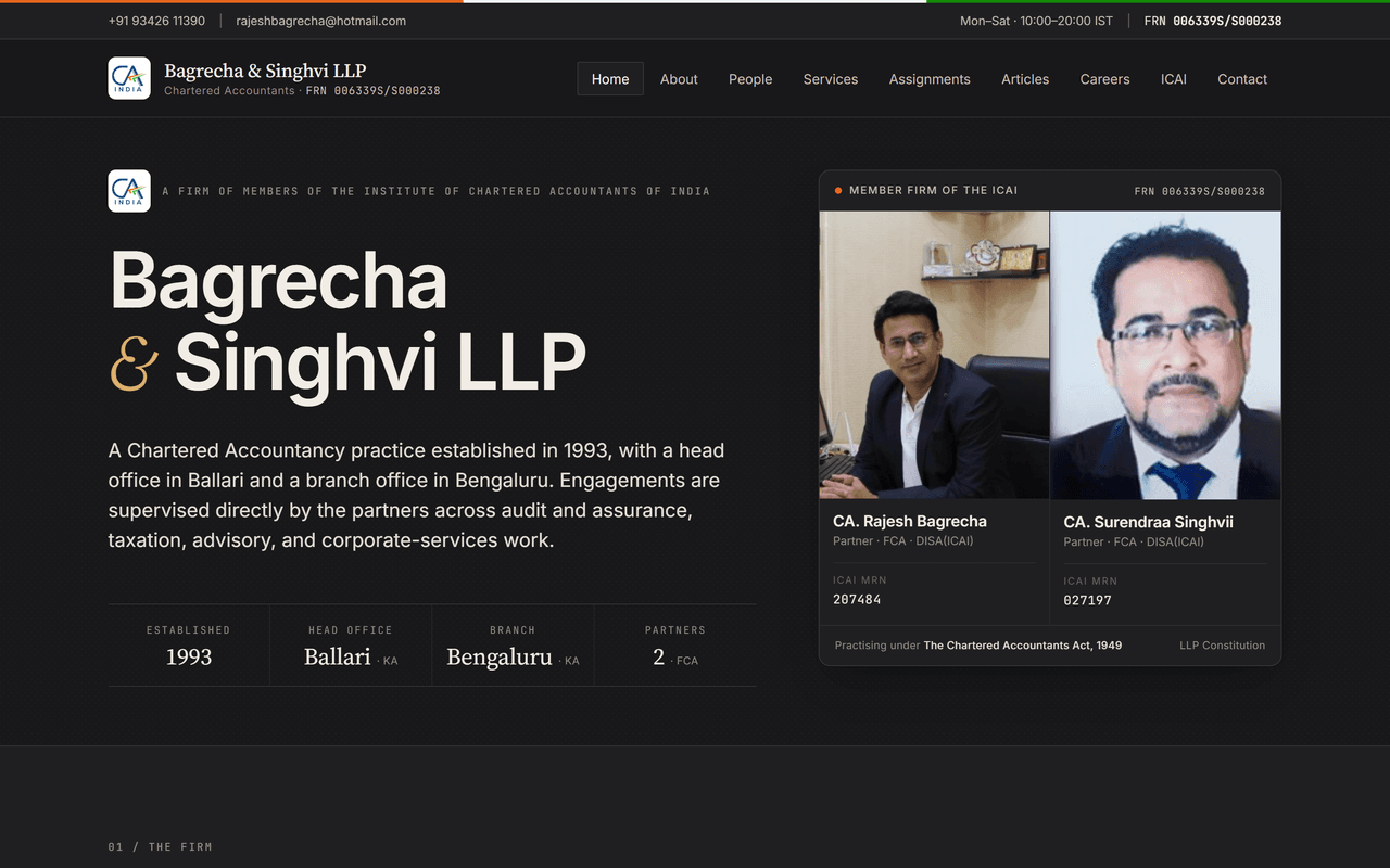 Bagrecha & Singhvi LLP, live at bnsca.in. Dark editorial homepage with both partner portraits, member-firm-of-ICAI badge, Source Serif display typography.