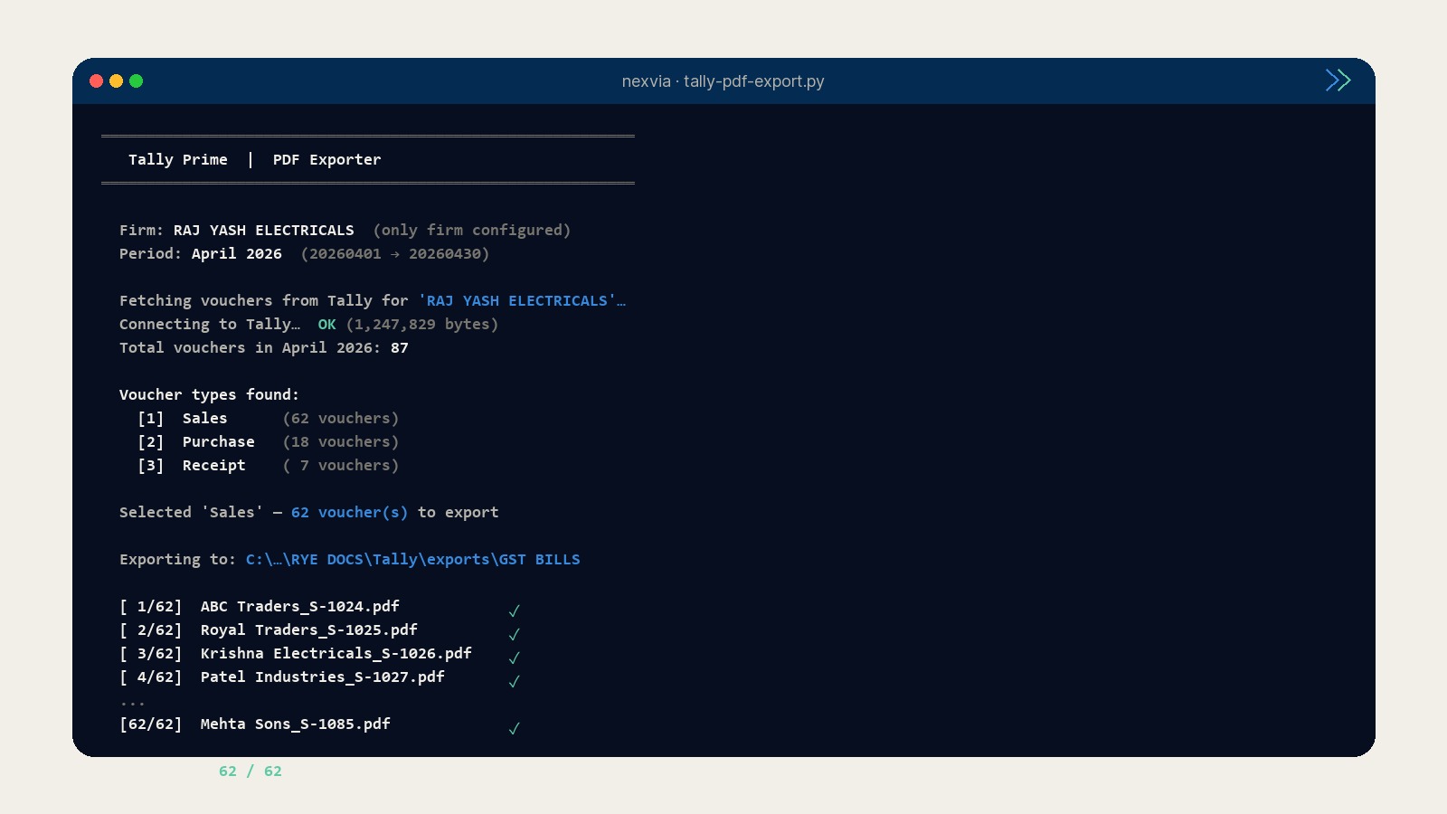 Earlier terminal-based Tally PDF exporter running in PowerShell, with the export log scrolling line by line