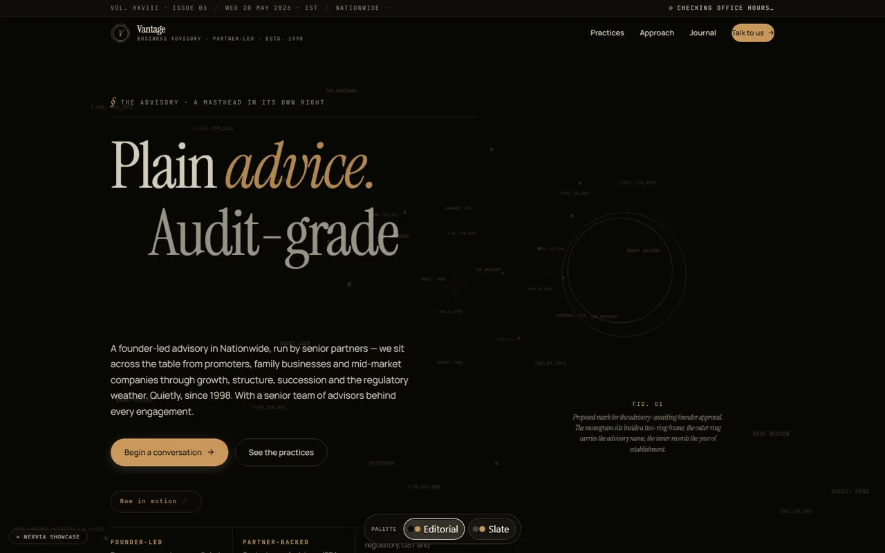 Vantage: a strategy and advisory website concept. Dark editorial masthead reading 'Plain advice. Audit-grade rigour.' over an animated perspective-grid background.